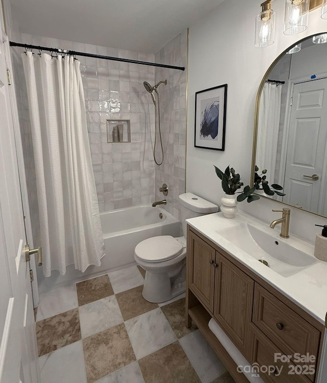 full bathroom featuring toilet, shower / bath combo, and vanity