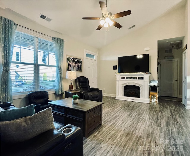 living room featuring wood-type flooring, vaulted ceiling, and ceiling fan