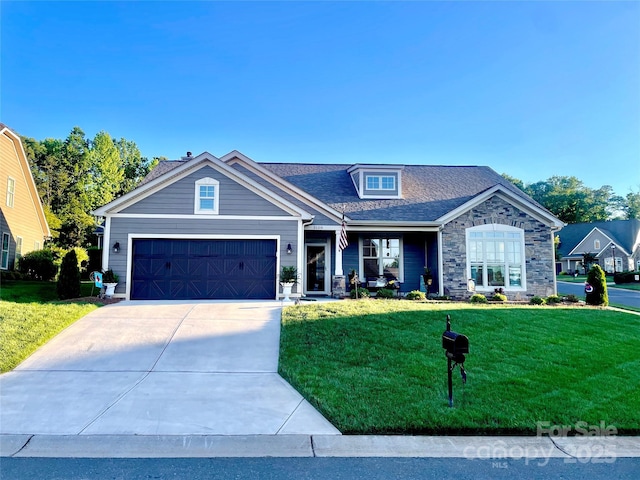 3100 Glacier Ct, Gastonia, NC 28056 - craftsman inspired home with an attached garage, driveway, a front yard, and stone siding