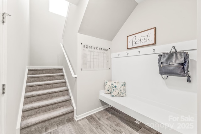 mudroom featuring wood-type flooring and lofted ceiling