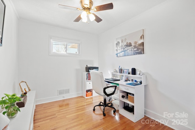 office featuring ceiling fan and hardwood / wood-style floors