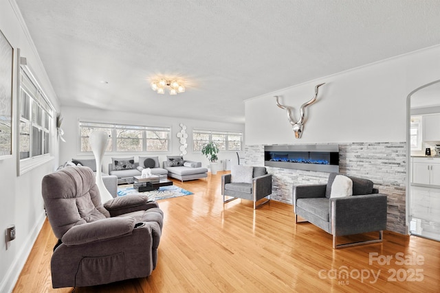 living room with a fireplace, a textured ceiling, and light hardwood / wood-style flooring