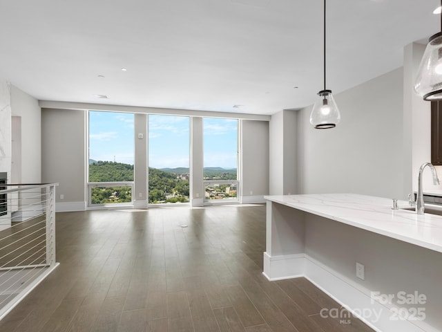 unfurnished living room with sink, expansive windows, and dark wood-type flooring