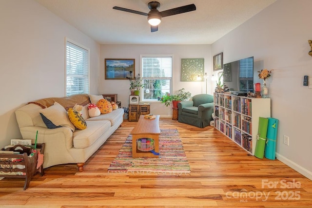 living room with ceiling fan, plenty of natural light, and light wood-type flooring