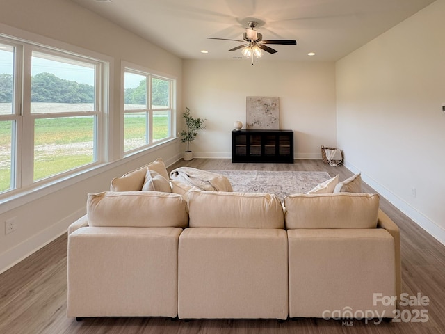 46 Griffin Rd Unit 2, Pageland, SC 29728 - living room with baseboards, a ceiling fan, wood finished floors, and recessed lighting