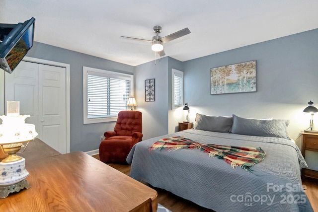 bedroom with hardwood / wood-style flooring, ceiling fan, and a closet