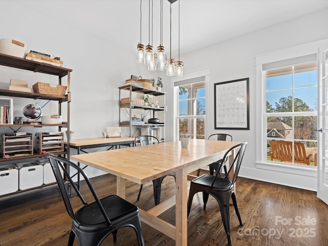 dining area with dark wood-type flooring