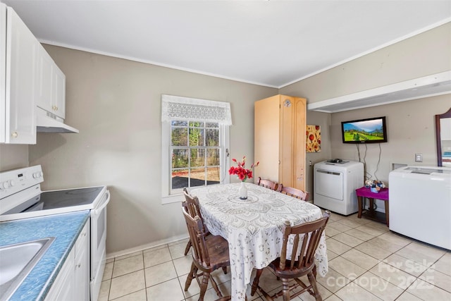 kitchen with white cabinetry, white electric range, and sink