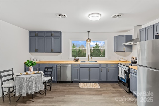 kitchen with wooden counters, appliances with stainless steel finishes, light wood-type flooring, sink, and pendant lighting