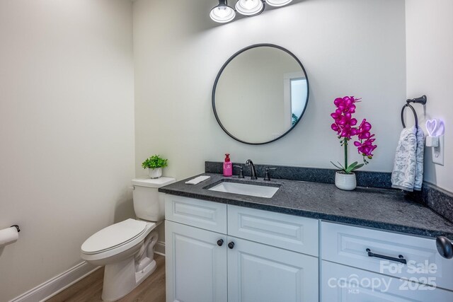 bathroom featuring vanity, wood-type flooring, and toilet