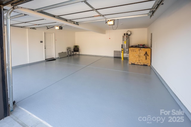 garage featuring a garage door opener and water heater