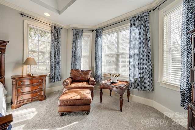 living area with crown molding and carpet floors