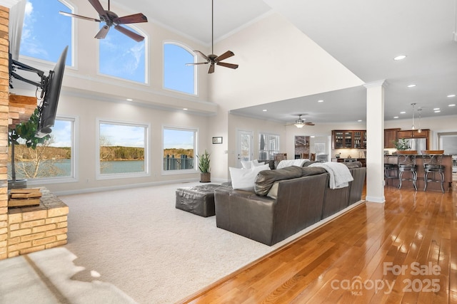 living room featuring hardwood / wood-style floors, crown molding, a high ceiling, and decorative columns