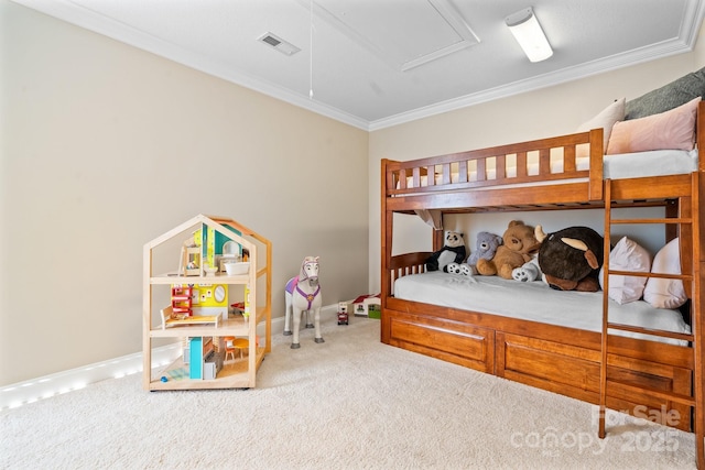 bedroom with carpet and crown molding