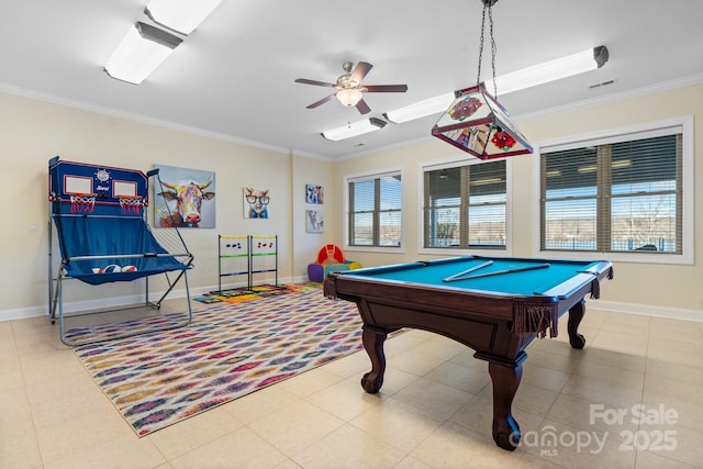 playroom featuring crown molding, ceiling fan, and billiards