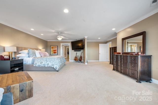 bedroom with recessed lighting, baseboards, visible vents, and light carpet