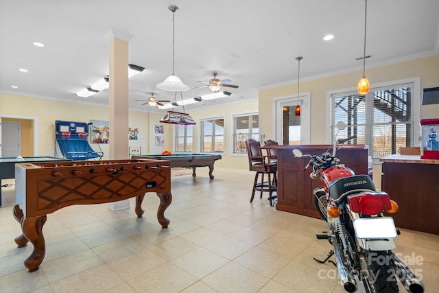 rec room featuring recessed lighting, baseboards, billiards, ornamental molding, and a bar