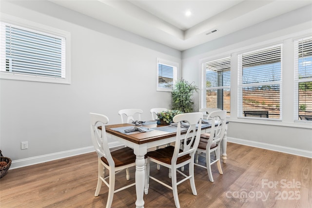 dining room featuring wood-type flooring and a tray ceiling