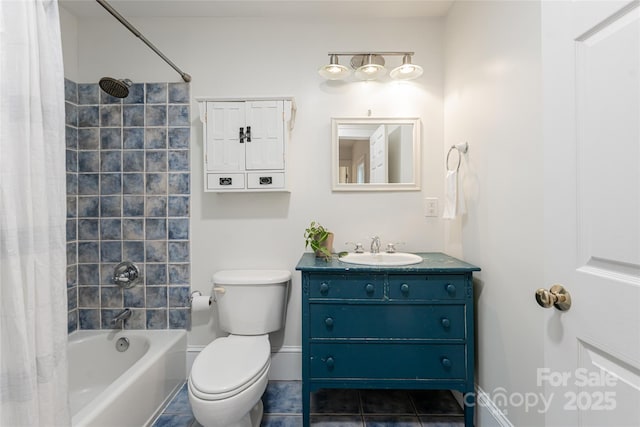 full bathroom with toilet, tile patterned floors, vanity, and shower / bathtub combination with curtain