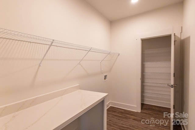 clothes washing area featuring washer hookup and dark wood-type flooring