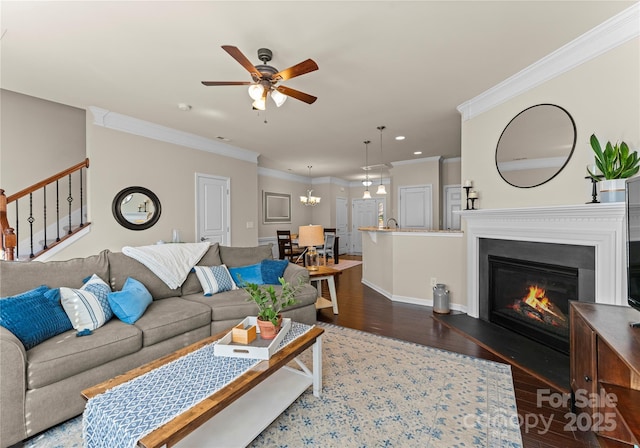 living room featuring dark hardwood / wood-style flooring, crown molding, and ceiling fan with notable chandelier