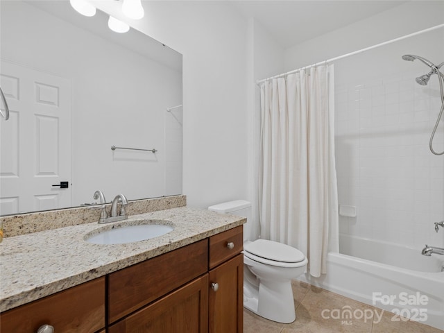 full bathroom with toilet, shower / bath combination with curtain, tile patterned floors, and vanity