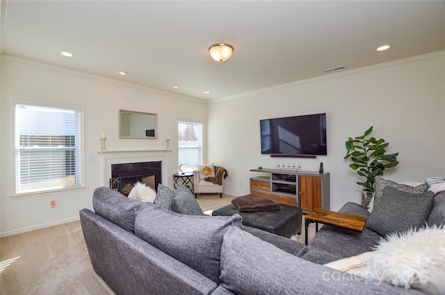 living room with crown molding and light carpet