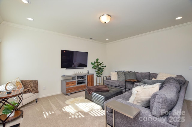 living room featuring crown molding and light colored carpet