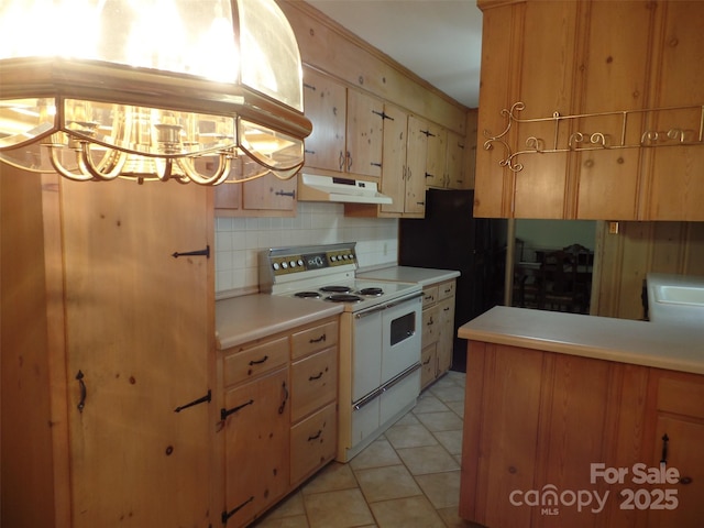 kitchen featuring light tile patterned flooring, electric stove, and tasteful backsplash