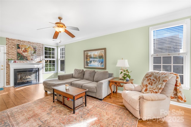 living room featuring crown molding, a fireplace, ceiling fan, and light hardwood / wood-style flooring