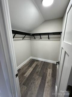 walk in closet featuring dark hardwood / wood-style flooring and vaulted ceiling