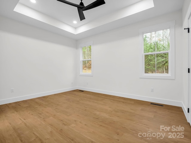 spare room featuring a raised ceiling, ceiling fan, and light wood-type flooring