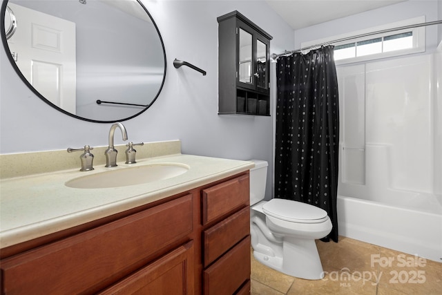 full bathroom featuring toilet, vanity, tile patterned floors, and shower / bath combo with shower curtain