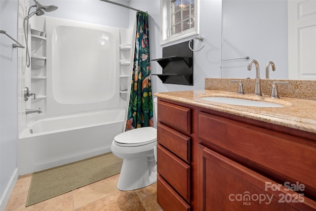 full bathroom with vanity, toilet, and shower / bath combo with shower curtain