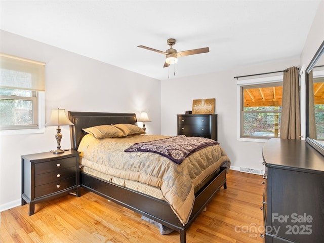 bedroom featuring ceiling fan and light hardwood / wood-style flooring