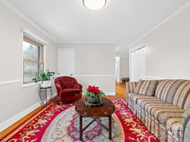 living room with wood-type flooring and ornamental molding