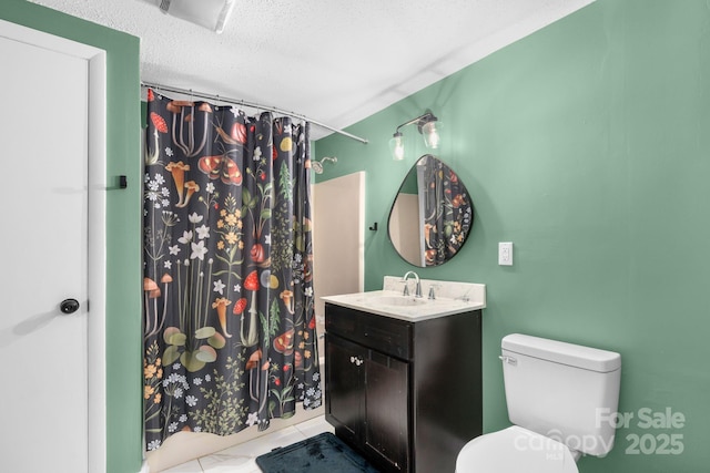 bathroom with tile patterned flooring, toilet, vanity, a textured ceiling, and curtained shower