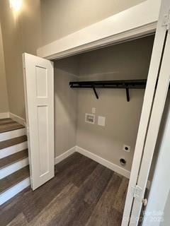 laundry room featuring dark wood-type flooring and washer hookup