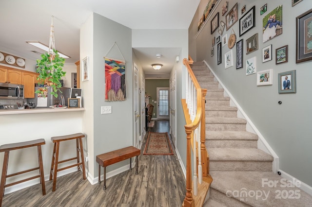 stairs with hardwood / wood-style flooring