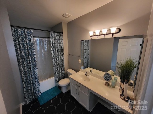 full bathroom featuring vanity, tile patterned flooring, shower / bath combo, and toilet