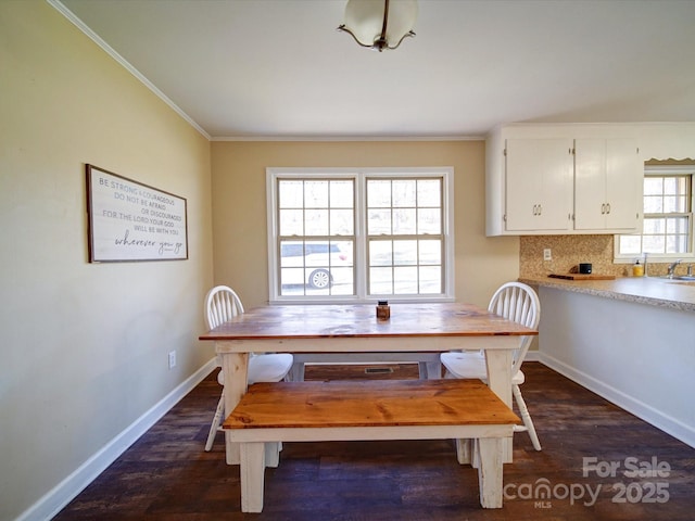 dining room featuring crown molding, sink, and dark wood-type flooring