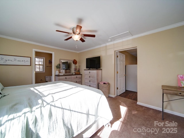 carpeted bedroom featuring ceiling fan and ornamental molding