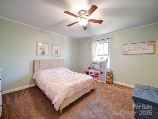 carpeted bedroom with ceiling fan and ornamental molding