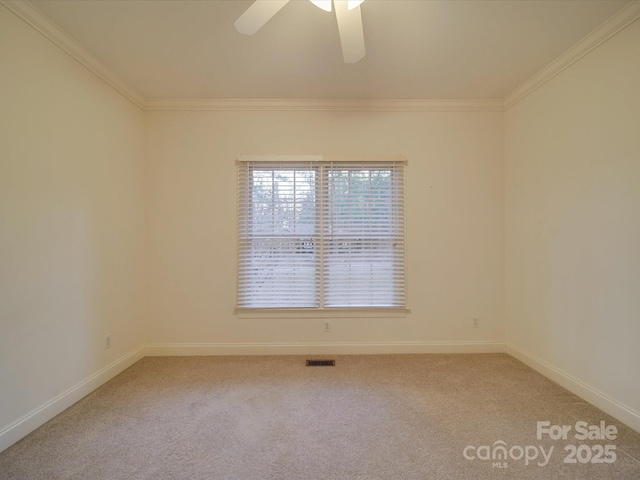 carpeted spare room with ceiling fan and crown molding