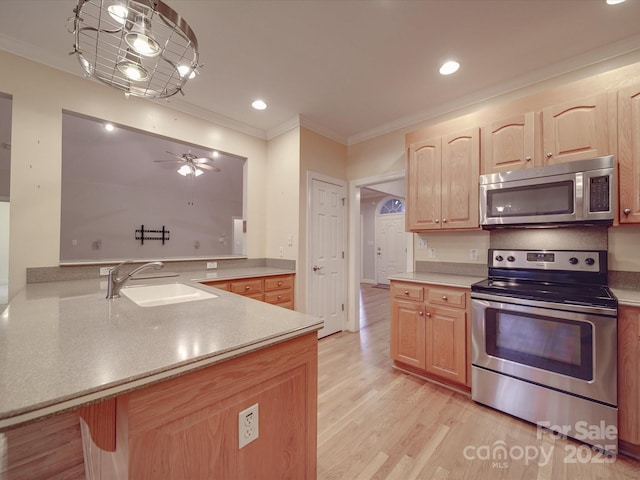 kitchen with ceiling fan, sink, kitchen peninsula, appliances with stainless steel finishes, and ornamental molding