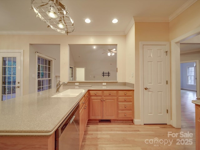 bathroom featuring ceiling fan, wood-type flooring, ornamental molding, and vanity