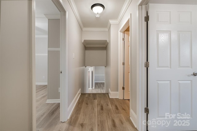 hallway with light hardwood / wood-style flooring and crown molding