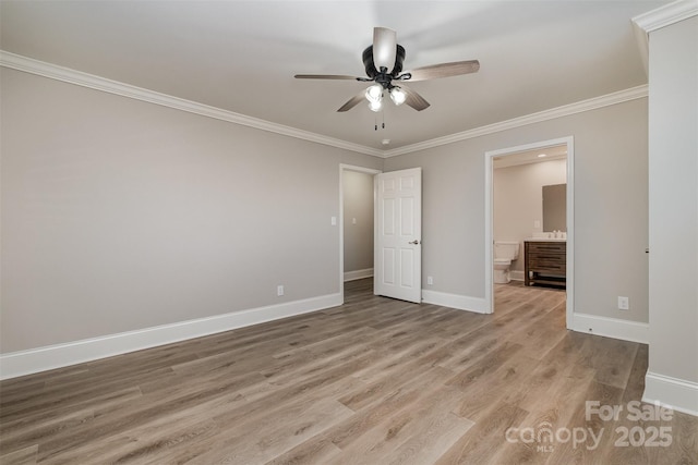 unfurnished bedroom with light hardwood / wood-style floors, ceiling fan, and crown molding