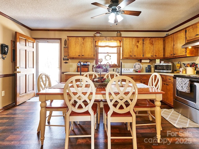 kitchen featuring crown molding, ceiling fan, a textured ceiling, appliances with stainless steel finishes, and dark hardwood / wood-style flooring