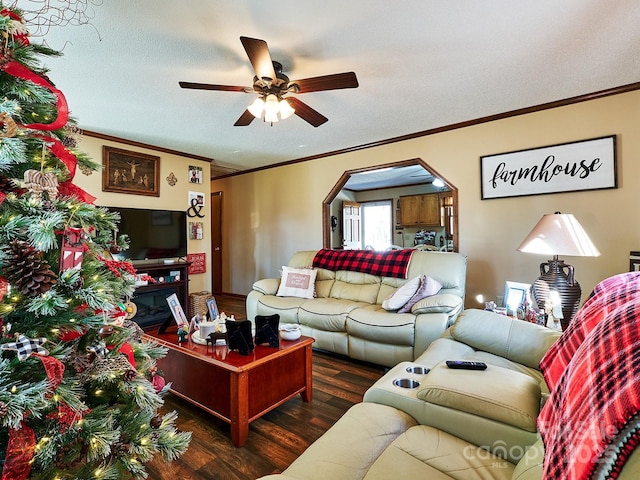 living room featuring dark wood-type flooring, crown molding, ceiling fan, a textured ceiling, and a fireplace